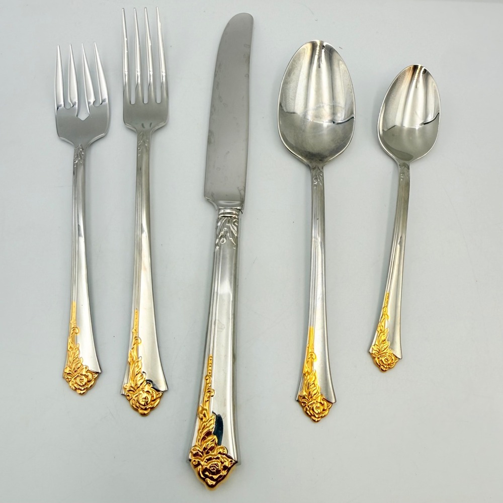Oneida Golden Damask 5 Piece Flatware Set Stainless Gold Rose